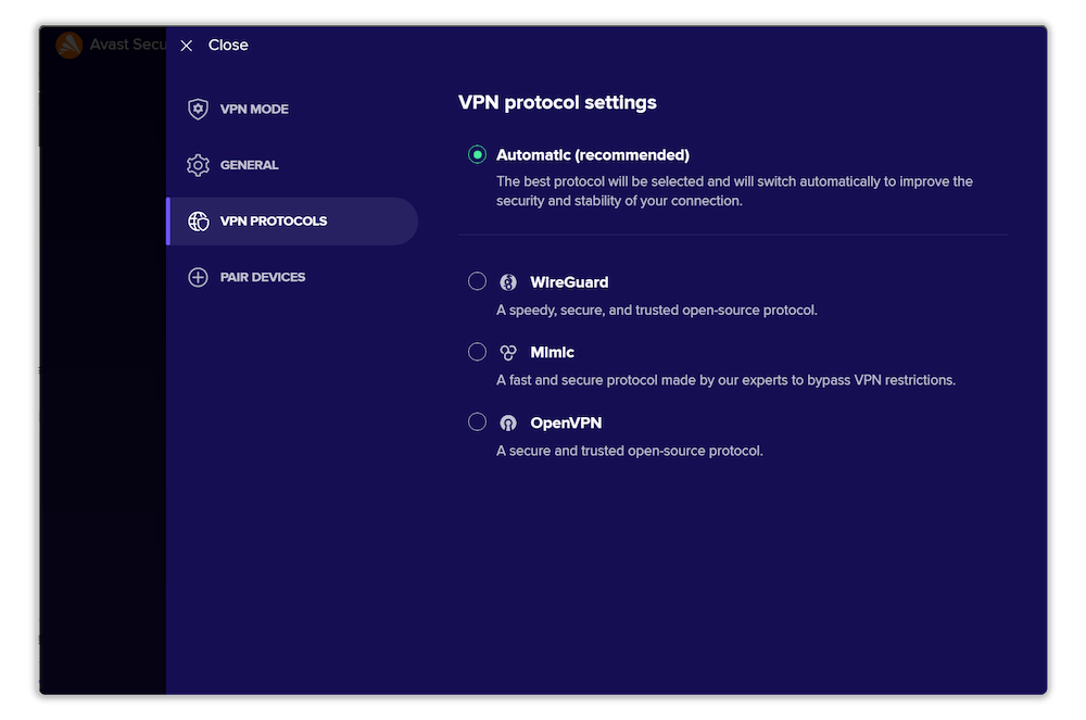 avast vpn protocols